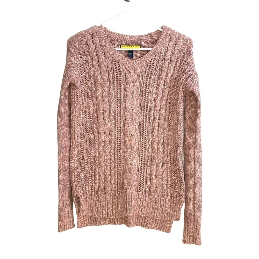 PRINCE & FOX PINK MARLED HI-LO CABLE KNIT PULLOVER SWEATER